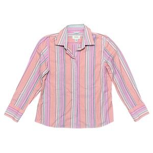 Talbots Striped Wrinkle Resistant Stretch Button Up Pink And Orange Top Size 14